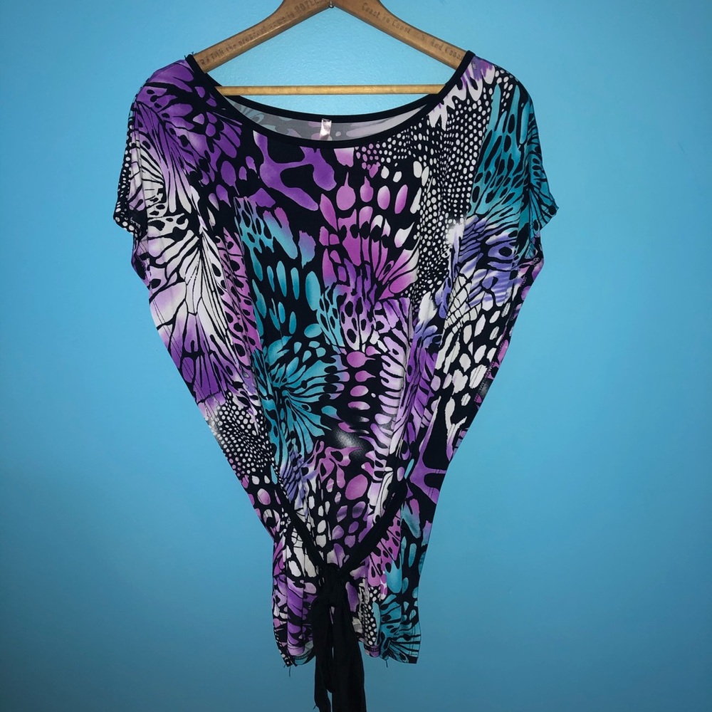 Y2K Purple Blue Abstract Art Flowly Tie Stretchy Tee Blouse Summer Spring